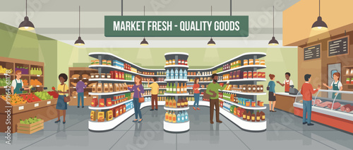 An engaging illustration of a bustling grocery store, showcasing fresh produce and various goods, representing the vibrancy of everyday life.