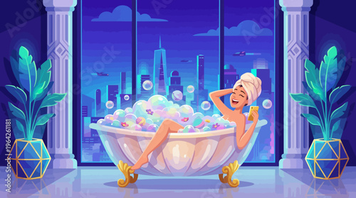 A luxurious setting featuring a woman enjoying a bubble bath in an elegant bathtub, overlooking a stunning city skyline, illustrating relaxation and indulgence in personal care.