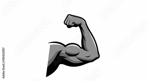 Stylized black and white illustration of a flexed bicep, emphasizing muscle definition