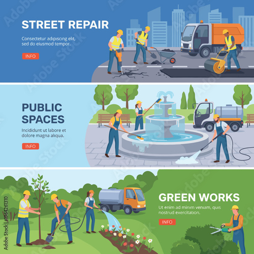 A busy street repair scene showcases workers efficiently repairing urban roads with machinery and tools, promoting city maintenance and infrastructure improvement.