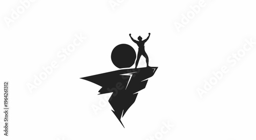 Silhouette of a triumphant person standing on a jagged cliff with a large rock
