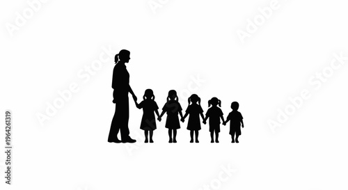 Silhouette of a woman holding hands with five children in a row