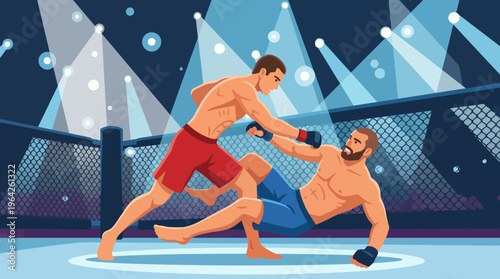 A dramatic mixed martial arts match featuring two competitors in an arena, highlighting physical strength, skill, and determination under bright lights and a cheering audience atmosphere.