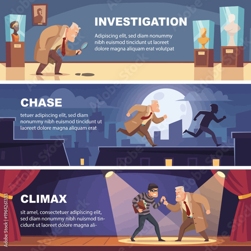 This image portrays a detective with a magnifying glass, surrounded by sculptures, highlighting the classic theme of investigation in a suspenseful setting, evoking curiosity.