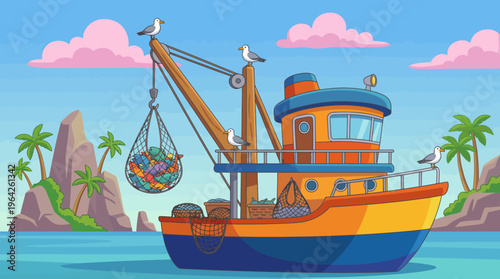 A colorful fishing boat depicted in a tranquil seaside environment, surrounded by seagulls and palm trees, providing a cheerful and vibrant atmosphere of maritime life.