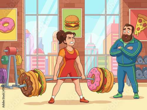 A humorous gym setting features a determined woman lifting oversized food weights while a skeptical trainer watches. Fitness meets fun in this playful take on health.