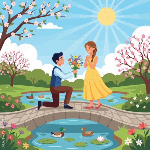 This picturesque image captures a romantic proposal scene in a beautiful garden with blossoming flowers, evoking feelings of love and joy in a serene natural setting.