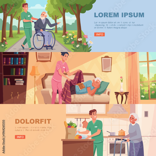 This illustration captures various caring moments, showing people assisting the elderly and each other in different environments, emphasizing compassion and support.