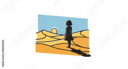 Silhouette of a woman standing in a desert landscape under a bright sun