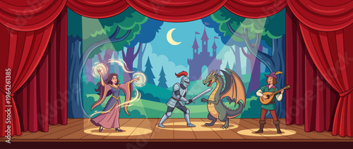 A vibrant stage illustration of fantasy characters engaged in a dramatic encounter, showcasing themes of heroism, adventure, and storytelling in a whimsical theater setting.