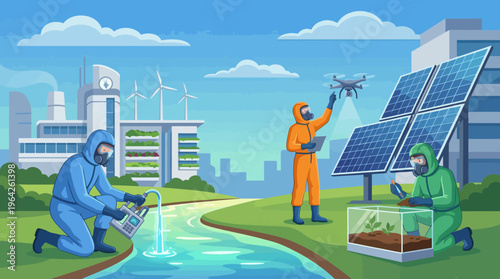An illustration showcasing eco-friendly practices with technicians testing water quality, solar panels, and wind turbines, emphasizing the importance of environmental sustainability and innovation.