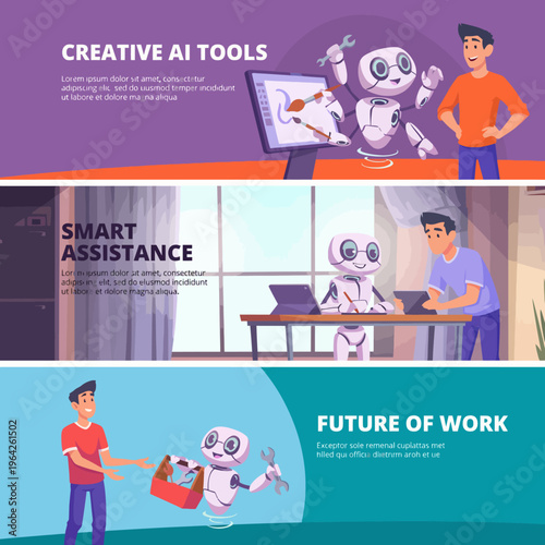An engaging graphic layout displays creative AI tools and smart assistance concepts to showcase futuristic ideas in a visually appealing and informative manner.