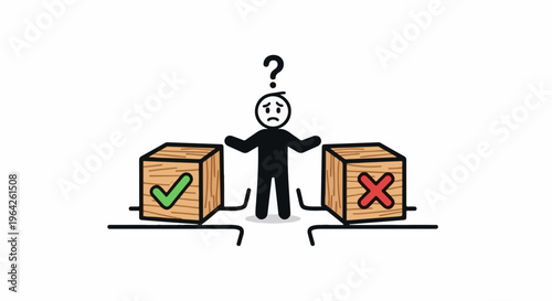 Stick figure ponders a choice between a box with a checkmark and a box with an X