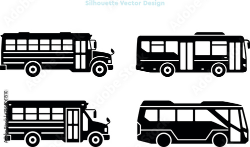Silhouette set of city transport and school bus vehicles. Vector set of public transit and commuter travel icons. Urban automotive transportation. Modern vector illustration