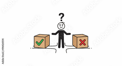 Stick figure uncertain between right and wrong choices shown as boxes