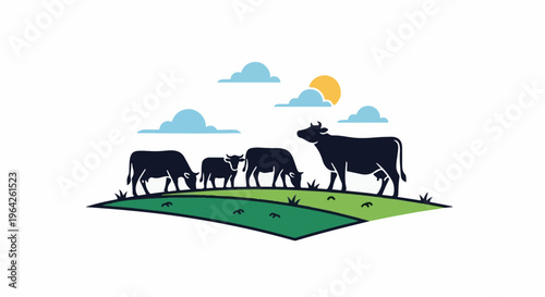 Silhouetted cows graze in a sunlit pasture under a sky with clouds