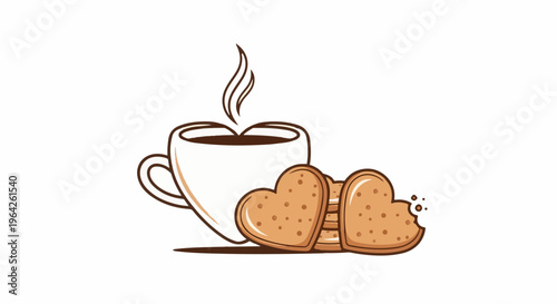 Steaming cup of coffee with heart-shaped cookies