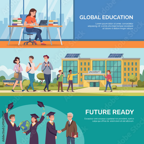 An inspiring illustration featuring students walking towards a university, symbolizing global education, learning, and building the future through knowledge and opportunities in a diverse environment