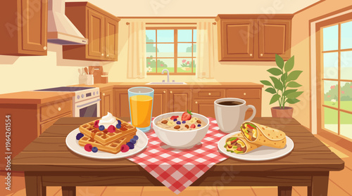 A vibrant breakfast scene showcasing a variety of mouthwatering dishes including waffles, fruits, and drinks, set in a warm, inviting kitchen full of natural light.
