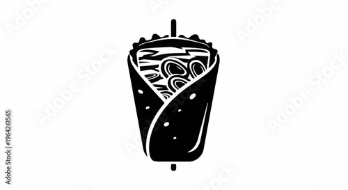 Simple black and white illustration of a filled, wrapped food item on a stick