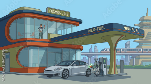 A modern illustration of a futuristic gas station offering electric charging, representing advancements in technology and sustainability in transportation.