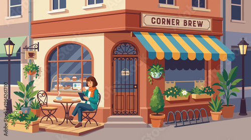 A quaint café called Corner Brew showcasing an inviting outdoor seating area adorned with plants, highlighting a tranquil atmosphere perfect for relaxation and socializing.