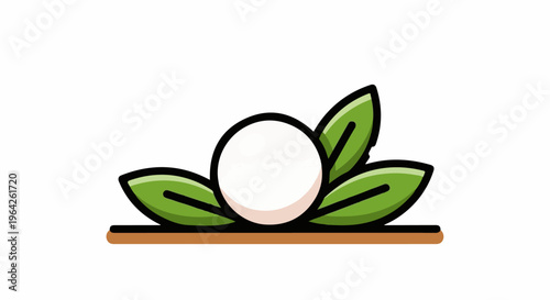 Simple illustration of a white orb surrounded by green leaves on a brown base