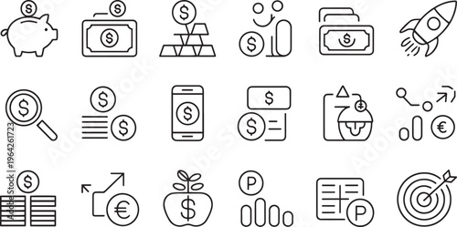 Collection of Financial Icons Representing Savings Investment Growth and Business