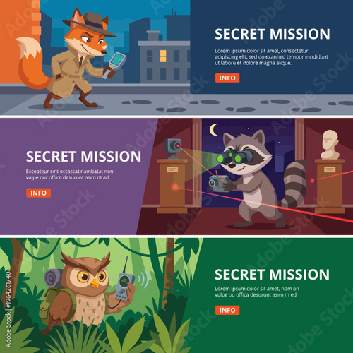 Cartoon animals embark on a secret mission, showcasing a clever raccoon using gadgets, a fox in a trench coat, and an owl in the forest, appealing to a whimsical audience.