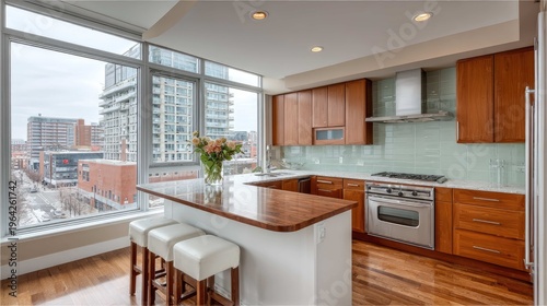 Modern Urban Kitchen with Open Layout and Bright Windows Overlooking Cityscape and Natural Light