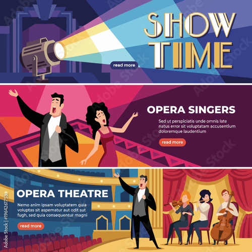 An engaging scene showcasing opera singers captivating an audience on stage, illuminated by dramatic lighting, symbolizing the passion and artistry of live performance in a theatre.