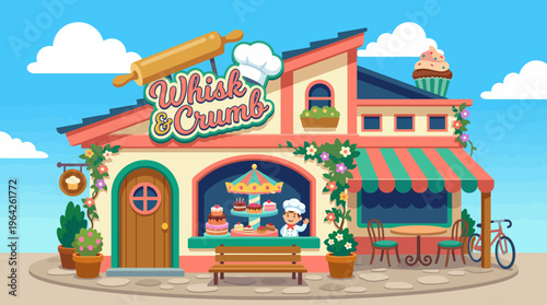 The delightful bakery features a vibrant facade with an inviting atmosphere, showcasing baked goods, perfect for marketing, food blogs, or restaurant-related projects.