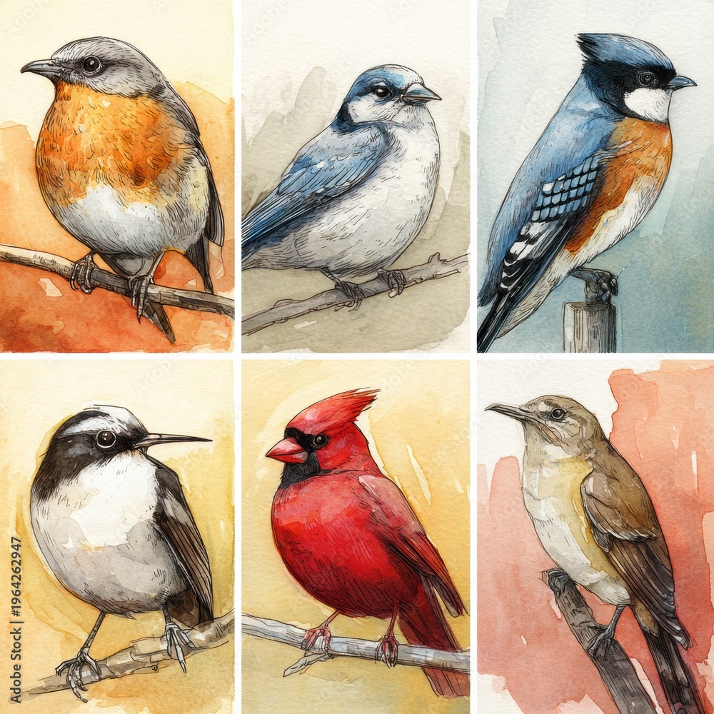 Obraz premium Collection of Watercolor Illustrations Showing a Robin, Blue Jay, Cardinal, Swallow, Finch, and Hummingbird on Warm-Toned Backgrounds