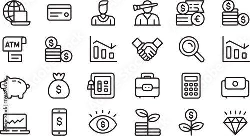 Collection of modern line art financial and business icons