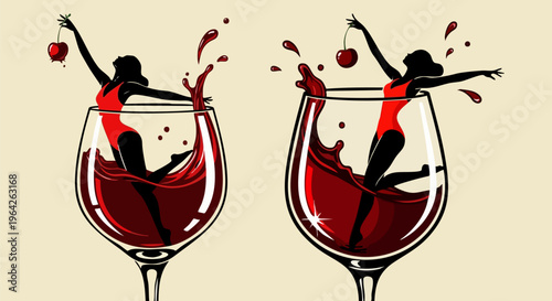 Elegant wine glass vector illustration with woman silhouette, red wine splash with cherry, sophisticated cocktail bar and lounge party art