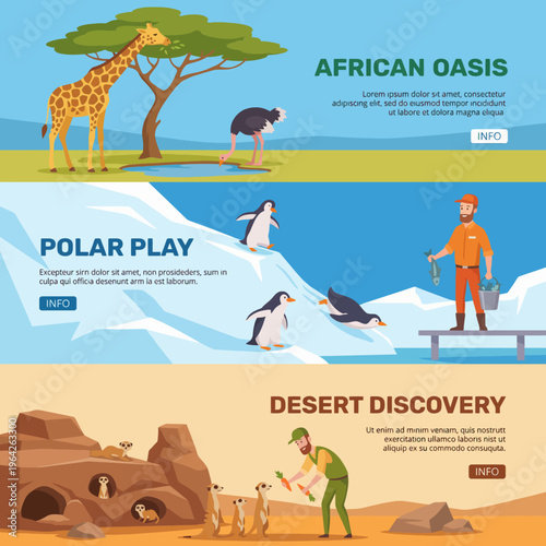 This educational illustration portrays diverse ecosystems through various animals and conservation efforts, promoting awareness and appreciation for nature in contemporary settings.