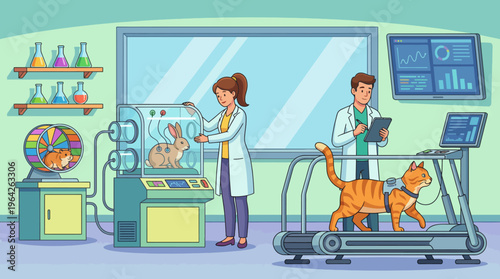 This engaging veterinary lab image depicts professionals examining pets like rabbits and cats while utilizing advanced equipment to ensure animal health and well-being.