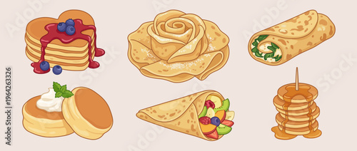 A delightful display of various crepes and pancakes artfully arranged, tantalizing viewers with their colorful fillings and inviting textures, perfect for food lovers and culinary enthusiasts.