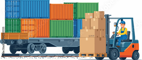 A forklift operator efficiently transports stacked shipping containers and boxes, representing vital logistics and warehousing operations to meet distribution demands.