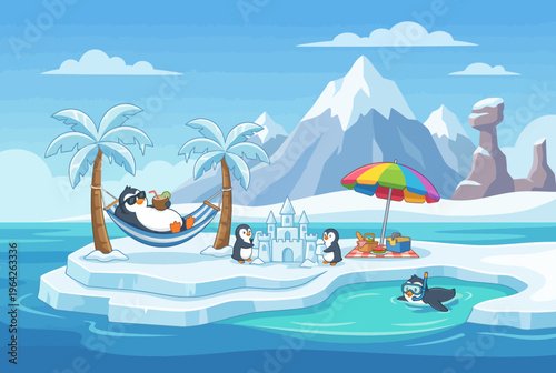 This whimsical illustration features playful penguins enjoying a sunny day on an icy paradise, complete with a sandcastle, water, and colorful beach gear.