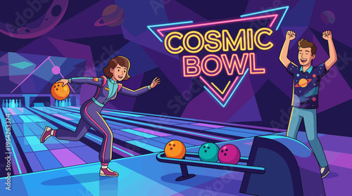 Experience the excitement of cosmic bowling where friends enjoy a colorful and fun atmosphere while striking down pins and having a blast under neon lights.