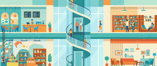 An illustration of a modern community space featuring various activities, emphasizing the importance of collaboration, leisure, and social interaction in contemporary urban living environments.