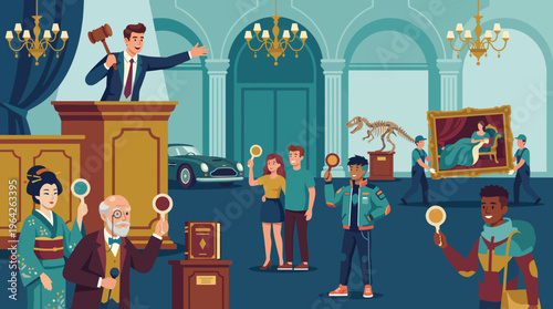 This illustration depicts a lively art auction scene where diverse participants actively bid on unique items, showcasing culture, excitement, and artistic appreciation.