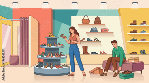 A lively illustration depicting a shoe store where a customer tries on shoes, showcasing a stylish environment that emphasizes fashion and shopping experiences for consumers.
