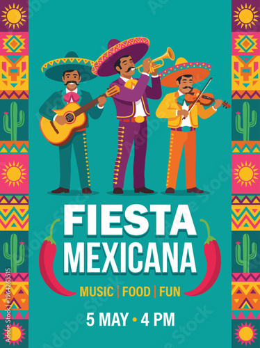 A vibrant poster illustration for a Mexican Fiesta depicting musicians playing lively instruments against a festive background representing culture, music, and joy in a celebration.