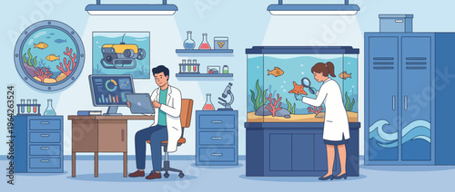 An informative and colorful illustration depicting a scientist working in a laboratory with aquatic environments, highlighting marine research and scientific exploration and discovery.