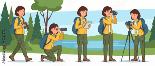 A delightful cartoon depiction of a young female explorer actively photographing nature, showcasing her curiosity and passion for wildlife and the outdoors.