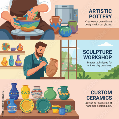 Promotional artwork showcasing pottery classes including artistic pottery, sculpture workshops, and custom ceramics, emphasizing hands-on creativity and personalized ceramic creations.