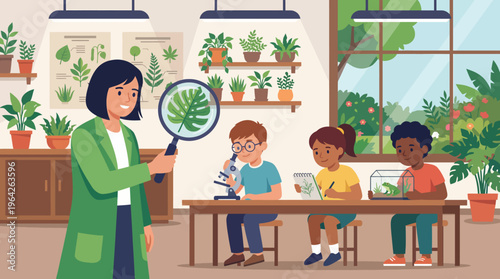 In a vibrant classroom, a teacher holds a magnifying glass, explaining plant biology to engaged students using a microscope and sketchpad for their exploration.
