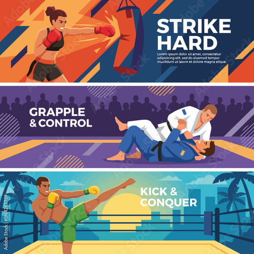 This energetic illustration depicts various fighting techniques and training styles, capturing the intensity and determination of combat sports in a vibrant setting.
